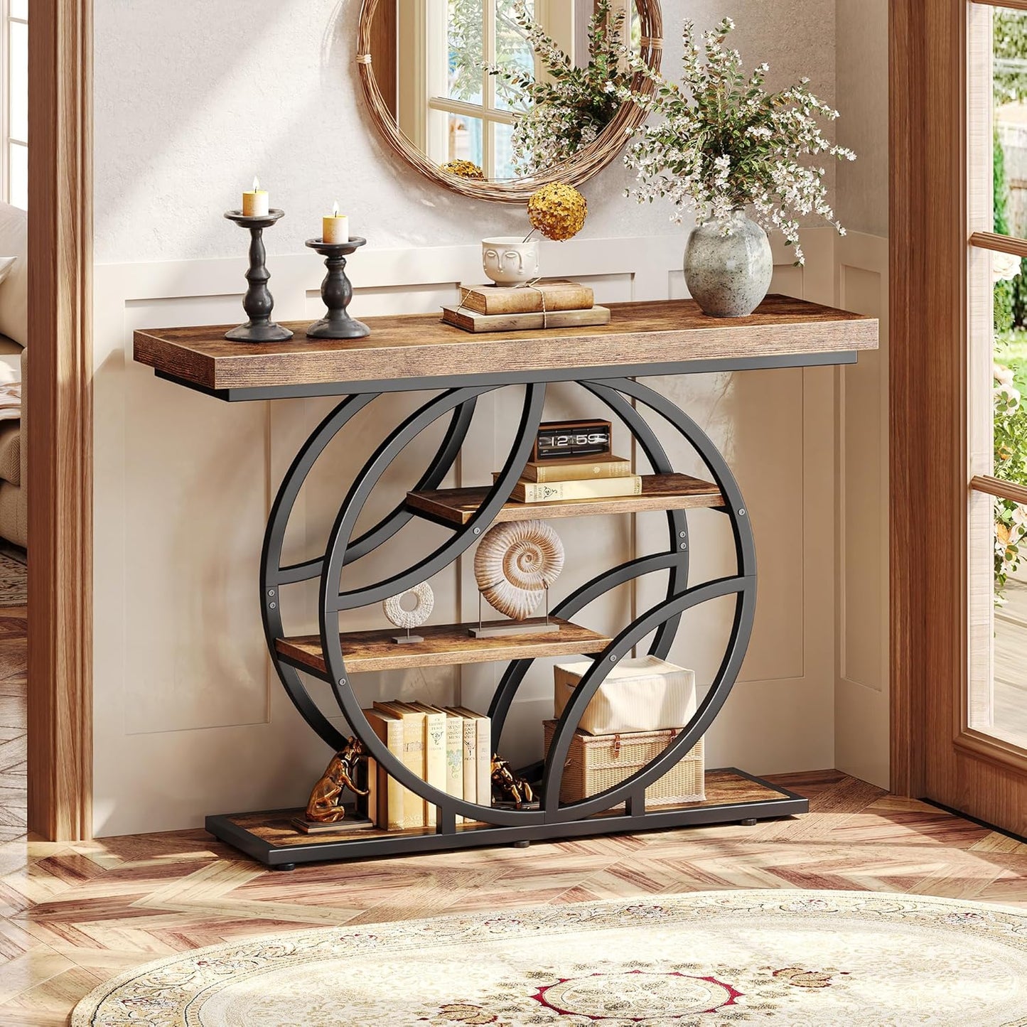 41.3 Inch Entryway Table, Industrial Console Sofa Table with Storage, Accent Table with Shelves, for Entry, Hallway, Entrance, Foyer, O-Shaped Metal Frame, Rustic Brown