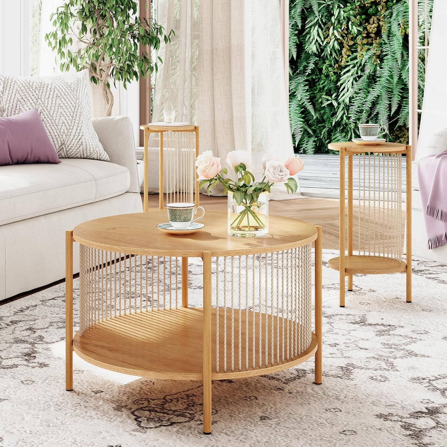 Natural Fiber Rope Coffee Table Set of 3 for Living Room, round Rattan Coffee Table and Two End Tables, Boho 2 Tier Modern Side Table with Metal Frame for Apartment Office (Natural)