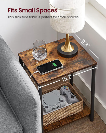 End Table with Charging Station, Set of 2, Small Side Tables for Living Room, Bedroom, Nightstand with Outlets and USB Ports, Bedside Table with Storage Shelf, Rustic Brown and Black