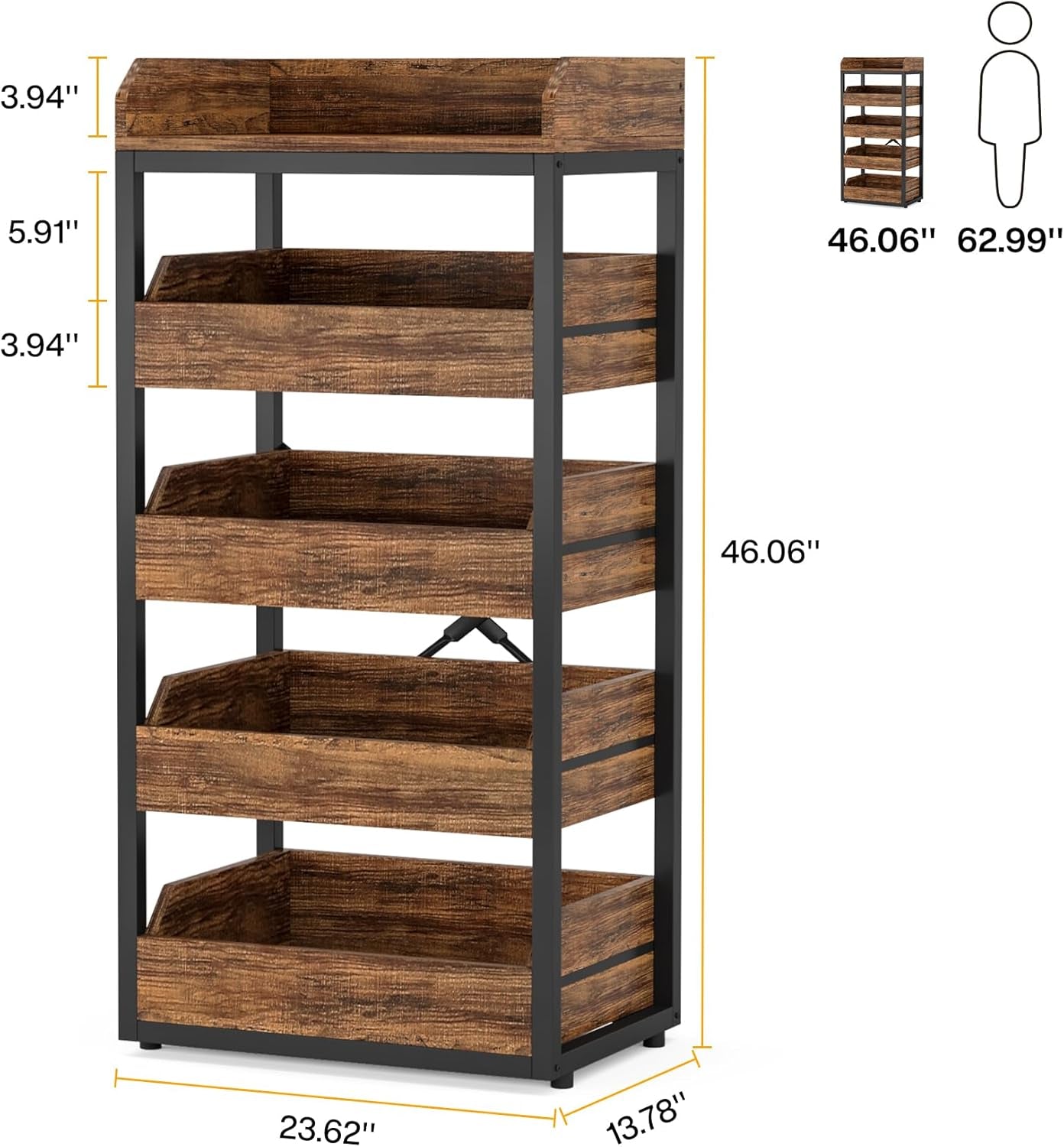 Wood Fruit and Vegetable Storage Rack, 5-Tier Pull-Out Snack Stand Fruit Basket Stand, Utility Shelf Organizer for Kitchen, Living Room, Bedroom, Rustic Brown