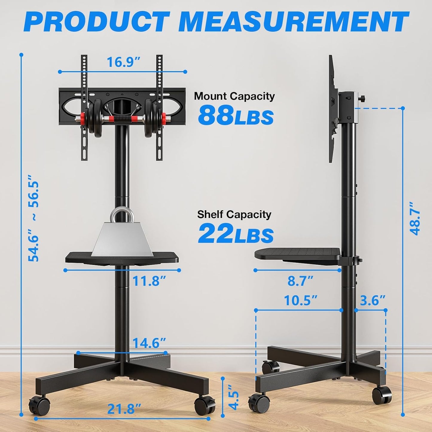 Mobile TV Stand for 23-60 Inch LCD LED Flat/Curved Panel Screen Tvs up to 88 Lbs, Rolling TV Stand with Adjustable Shelf & Tilt, Portable Floor Stand on Wheels for Bedroom, Living Room, Office
