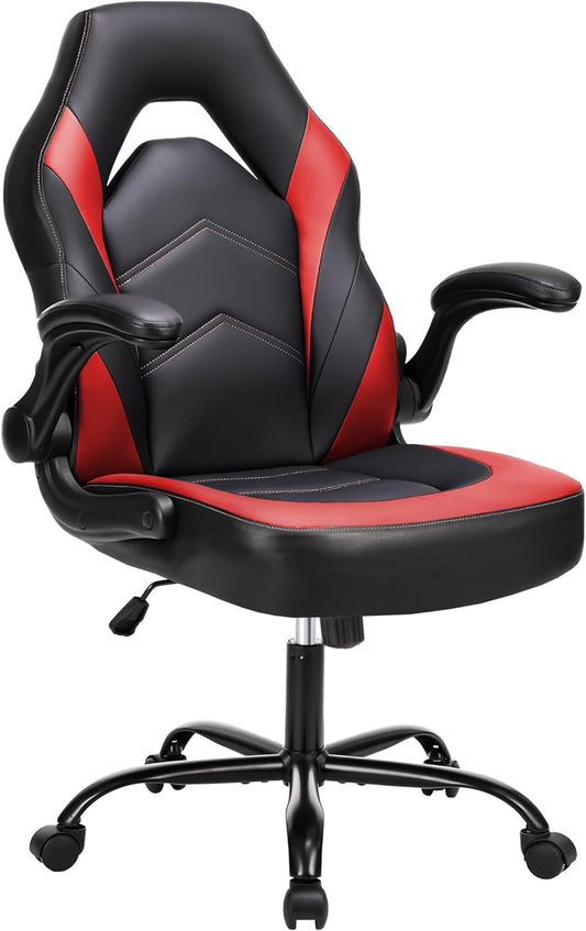 Ergonomic Computer Gaming Chair with Flip-Up Armrest, Height Adjustable PU Leather Home Office Desk Chair with Lumbar Support Swivel Wheels and for Adults and Kids, Scarlet Red