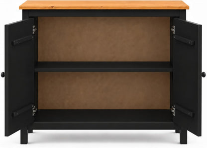 44" Wide Black & Pine Top Solid Pine Shaker Sideboard Buffet Cabinet — 2 Doors Adjustable Shef — No Drawer · Anti-Tip Included — Two-Tone Modern Finish