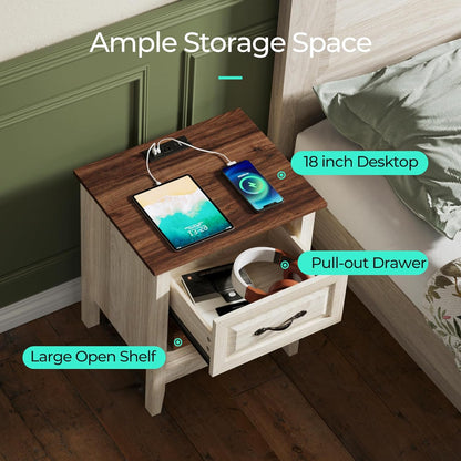 Night Stand 18.9" Farmhouse Wood Night Stand with Type-C Charging Station Open Storage Shelf Nightstands with Drawer Side Table End Table for Bedroom Living Room Sofa Couch Office Beige