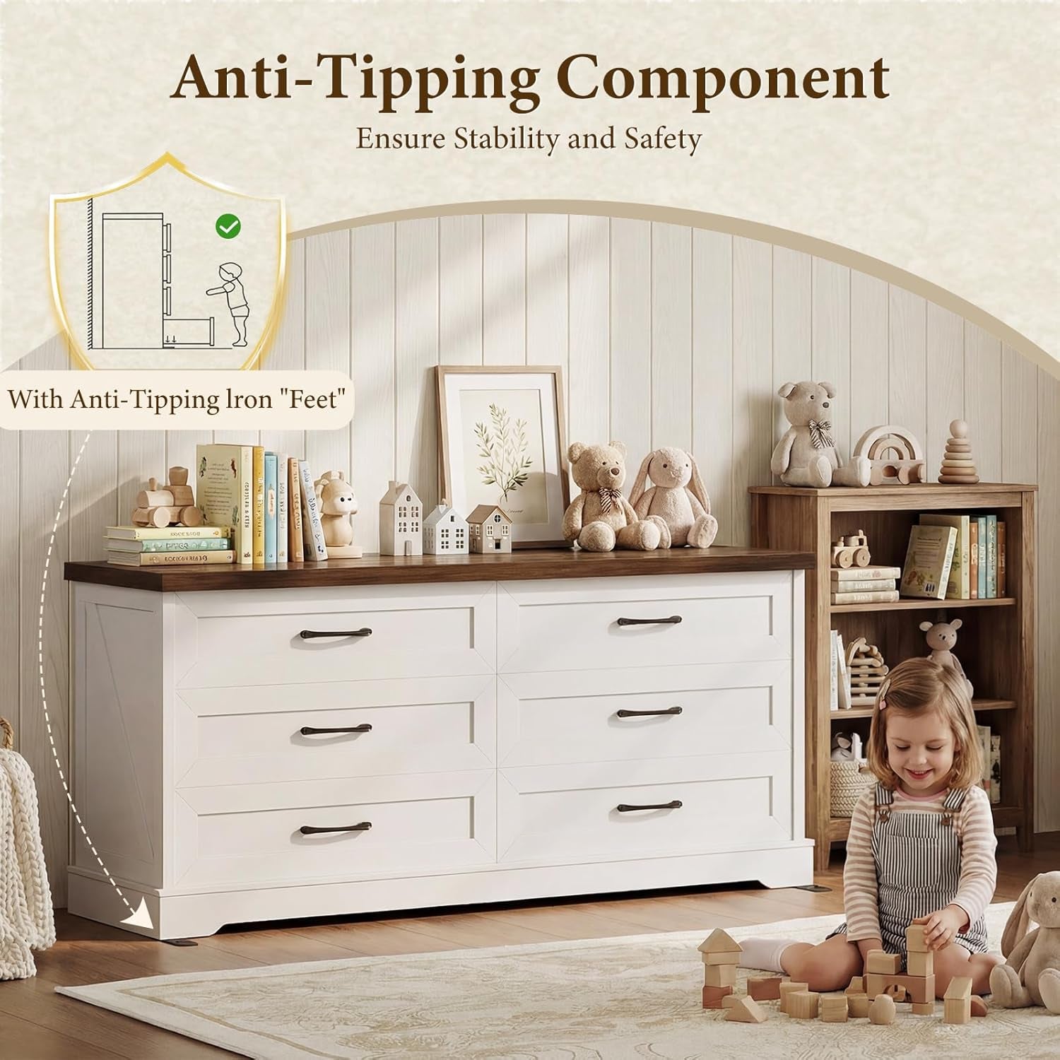 Farmhouse 6-Drawer Dresser for Bedroom, Heavy-Duty Storage Chest with Extra Thick Boards & Metal Handles, Sturdy Chest of Drawers, Anti-Tipping Safety Certified, White & Walnut