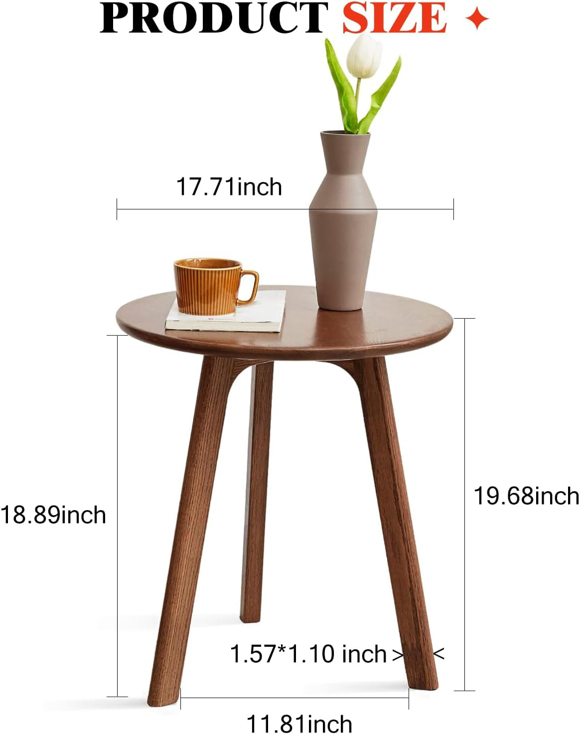 100% Solid Oak round Side Table, Small Side Table for Small Spaces, 3-Legged Living Room End Tables with Stable Frame for Bedroom Couch Side Entryway, Walnut