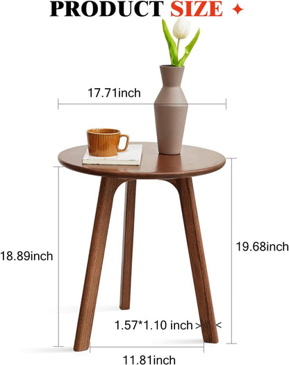 100% Solid Oak round Side Table, Small Side Table for Small Spaces, 3-Legged Living Room End Tables with Stable Frame for Bedroom Couch Side Entryway, Walnut