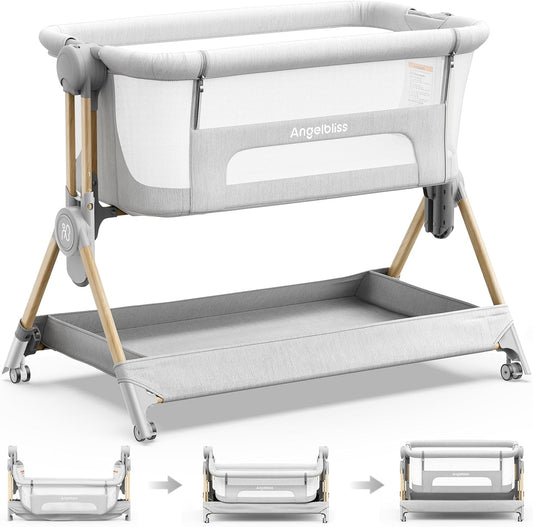 Baby Bassinet, 3-In-1 Bedside Bassinet for Baby, One-Touch Foldable Baby Crib for Newborn with Full-Mesh Sides & Adjustable Height, Mattress & Storage Bag