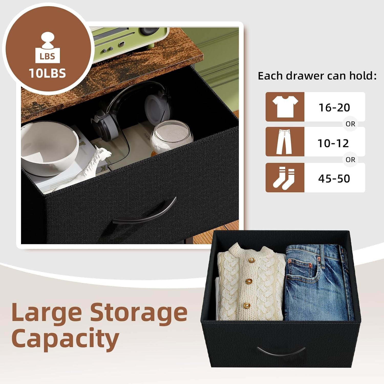 Black Nightstand, Small Dresser for Bedroom with 2 Drawers, Bedside Table Night Stand End Table with Fabric Bins for Bedroom Kids Closet Dorm Guest Room, Black Rustic Brown
