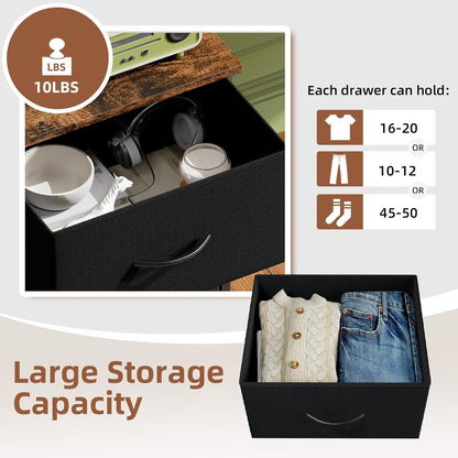 Black Nightstand, Small Dresser for Bedroom with 2 Drawers, Bedside Table Night Stand End Table with Fabric Bins for Bedroom Kids Closet Dorm Guest Room, Black Rustic Brown