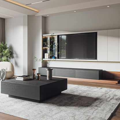 Modern Square Coffee Table with Drawers, 39.37" Wood Coffee Table for Living Room Home Office, Fully-Assembled Black