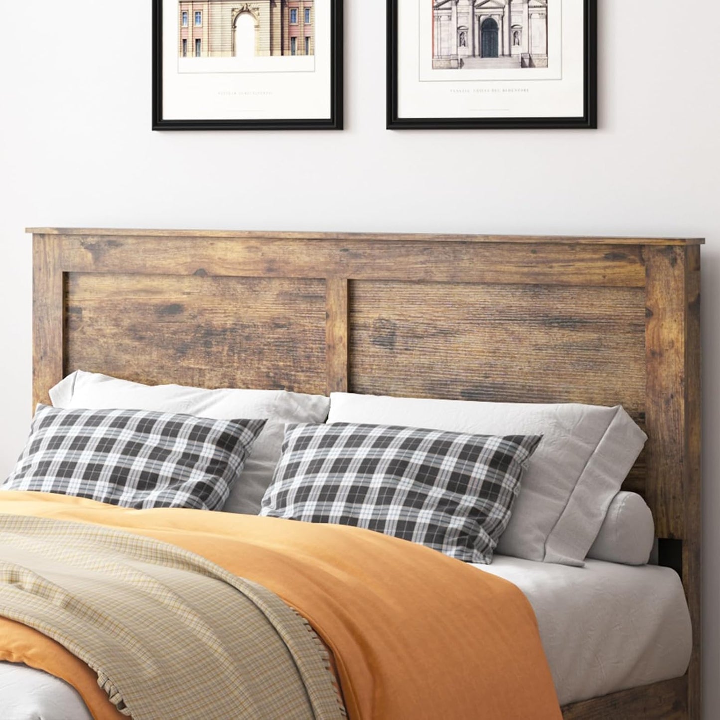 Wood Queen Bed Frame with Headboard, Rustic Farmhouse Platform Bed Frame with 12 Wood Slats Support, No Box Spring Needed, Easy Assembly (Vintage Brown, Queen)