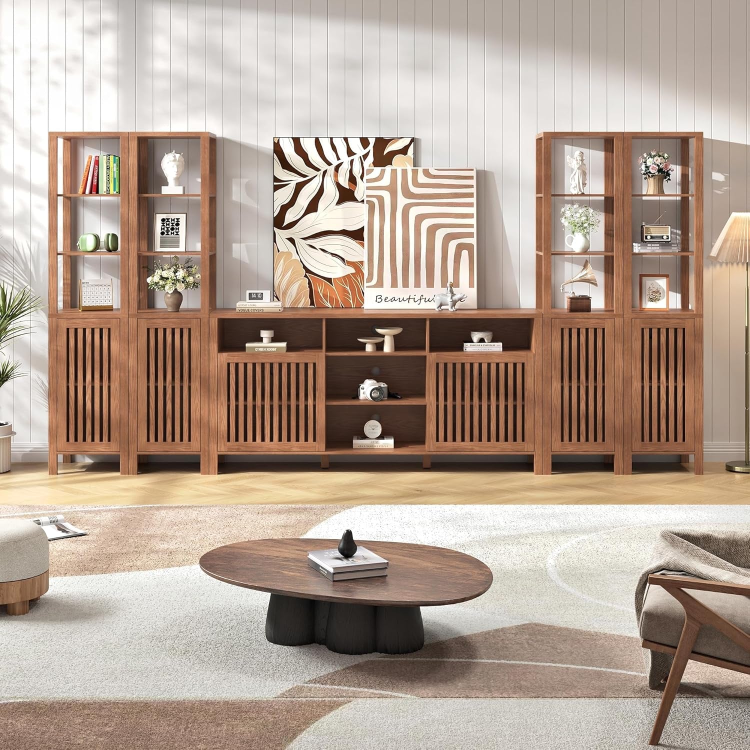 Farmhouse TV Stand for 70 Inch Tvs, Entertainment Center with Bookshelves - 6 Door Media Console with Adjustable Shelves, Storage Cabinet for Living Room Bedroom Home Theater, Rustic Brown