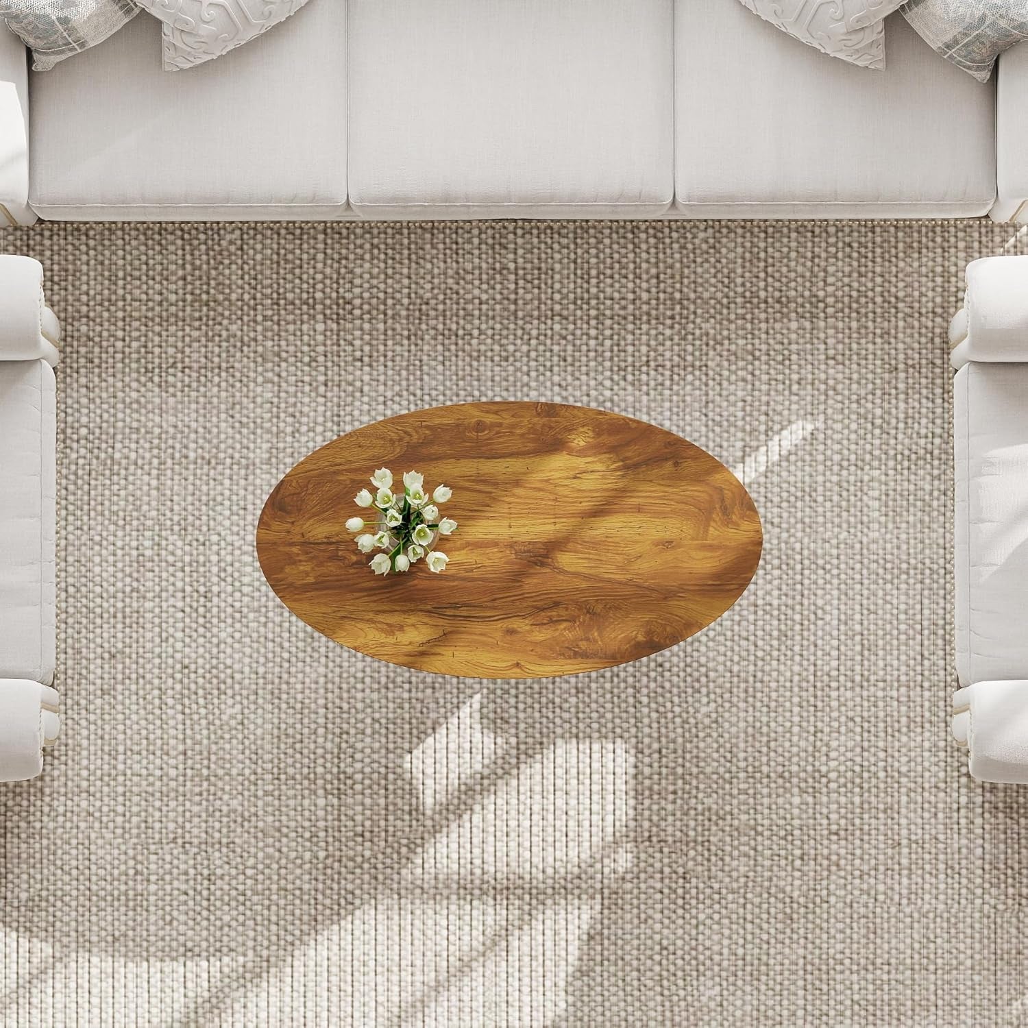 Rustic Small Oval Coffee Table for Living Room, Narrow Wood Center Table with Shelf, Retro Style Coffee Table with Curved Metal Legs, Stable and Easy Assembly, Rusric Brown