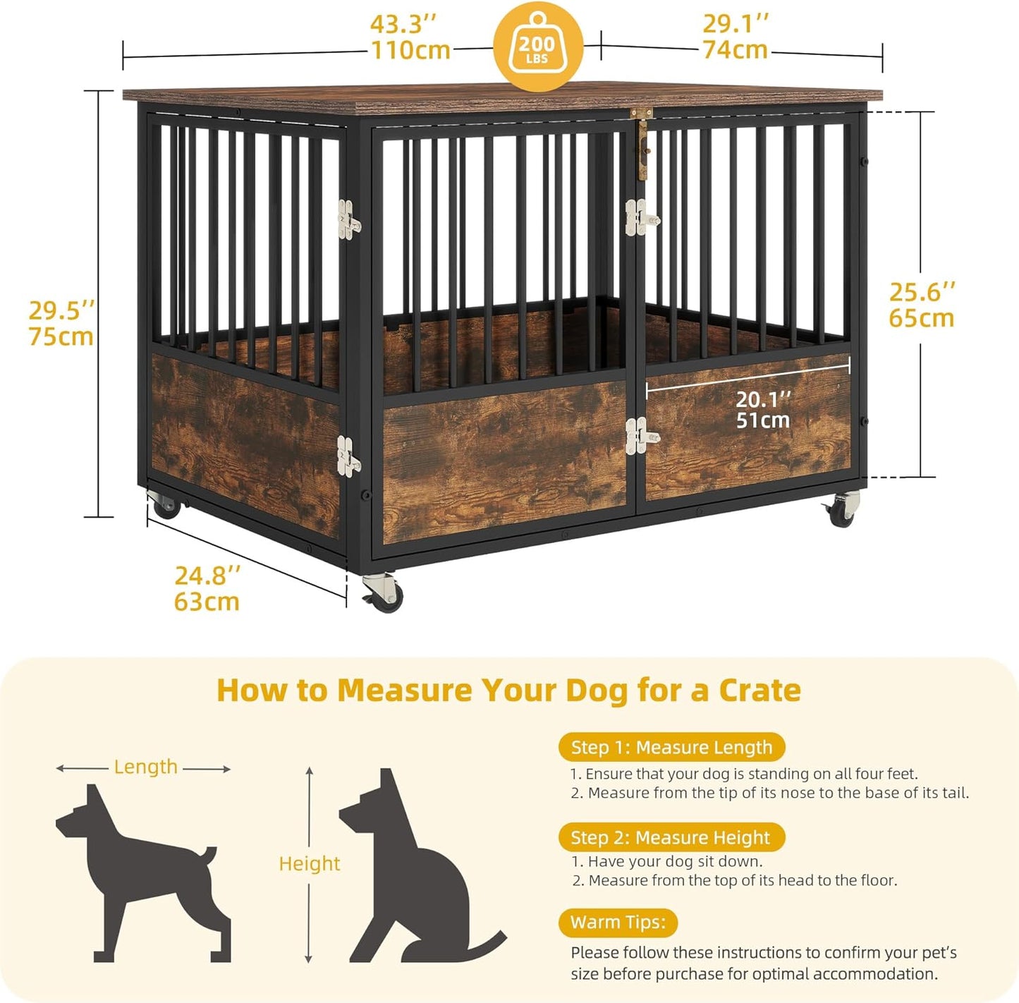 Dog Crate Furniture with Wheels, 43 Inch Dog Kennel Indoor Furniture End Table Dog Crate for Dogs, Farmhouse Decorative Wooden Dog Cage Table with Double-Doors, Chew-Resistant, Rustic Brown