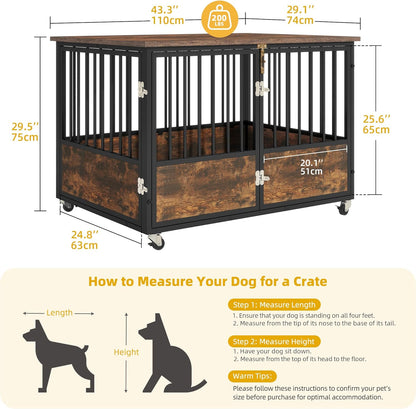 Dog Crate Furniture with Wheels, 43 Inch Dog Kennel Indoor Furniture End Table Dog Crate for Dogs, Farmhouse Decorative Wooden Dog Cage Table with Double-Doors, Chew-Resistant, Rustic Brown