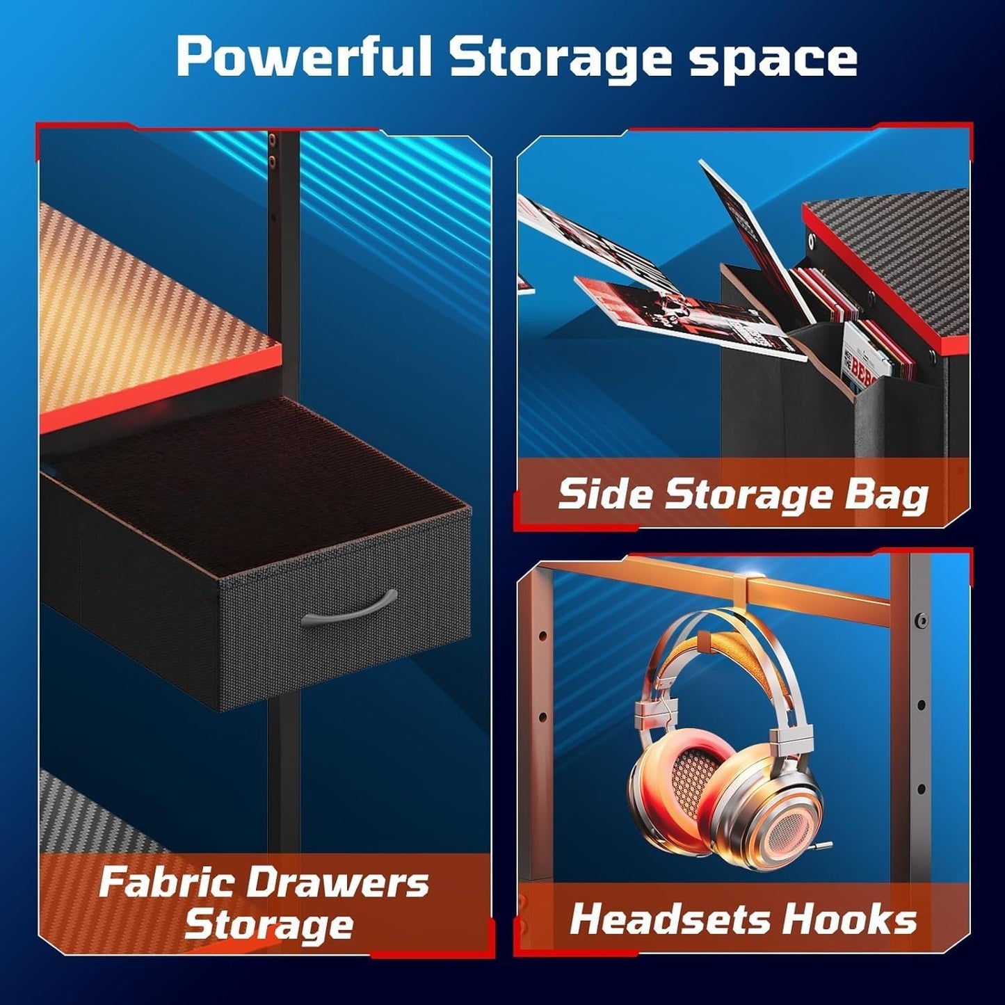 Gaming Desk with Drawer, 44 Inch Small Computer Desk with PC Shelf, Gaming Table with LED Lights for Small Spaces, Reversible Gamer Desk with Storage Bag & Side Hook, Black-Red