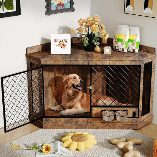 51.3" Corner Dog Crate Furniture with 360° Rotating Feeder, Decorative Dog Crates Dog Cage TV Stand Wooden Dog Kennel End Table for Small Medium Big Dog