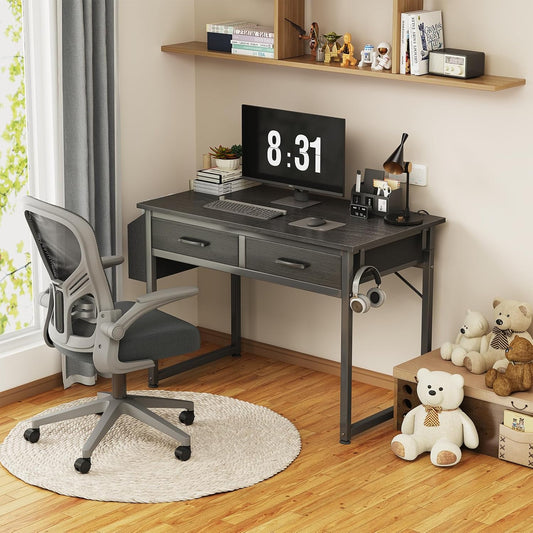 Small Desk with Fabric Drawers for Bedroom, 32 Inch Gaming Desk with 2 Drawers for Small Space, Study Writing Table PC Desks, Black