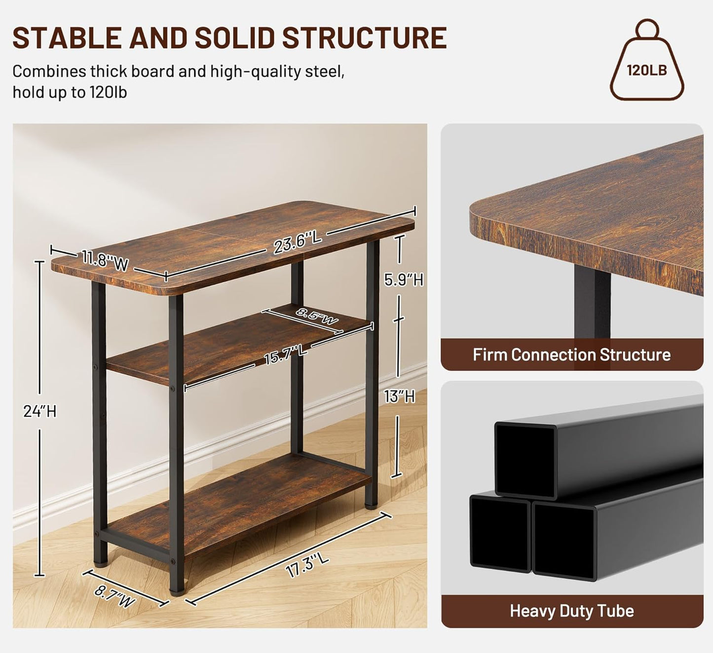 Side Table for Living Room, 3-Tier End Table for Small Space with Wide Storage Tabletop, Rustic Brown Narrow Nightstand for Bedroom, Sofa Couch