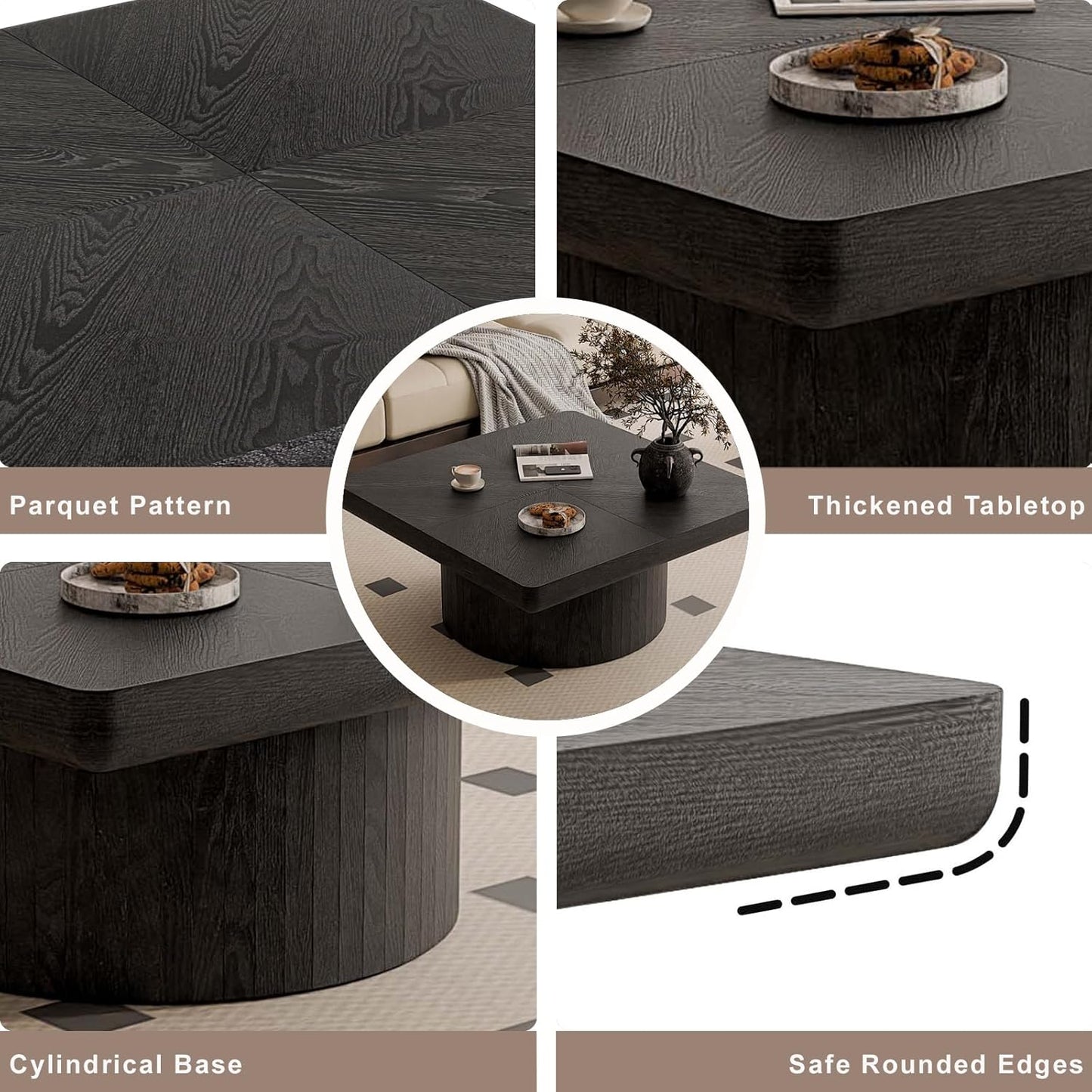 Modern Square Coffee Table with Cylindrical Base, Wood Coffee Table with Parquet Pattern & Thickened Tabletop, Center Table Tea Table for Living Room Apartment, 34.6''L×34.6''W×14.9''H, Black
