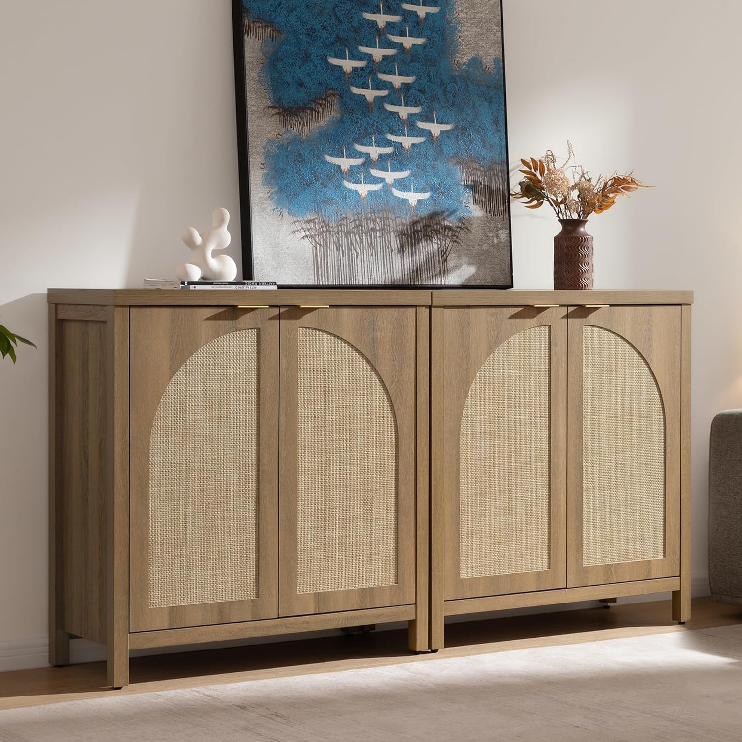 68" W Rattan Sideboard Buffet Cabinet with Storage Set of 2, Mid Century Modern Credenza with Arch Doors & Shelves Farmhouse Coffee Bar Media Console Cabinets for Living Room, Entryway