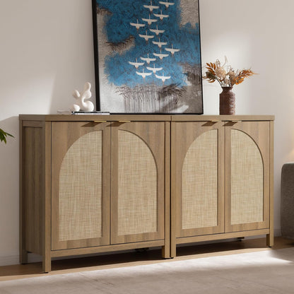 68" W Rattan Sideboard Buffet Cabinet with Storage Set of 2, Mid Century Modern Credenza with Arch Doors & Shelves Farmhouse Coffee Bar Media Console Cabinets for Living Room, Entryway