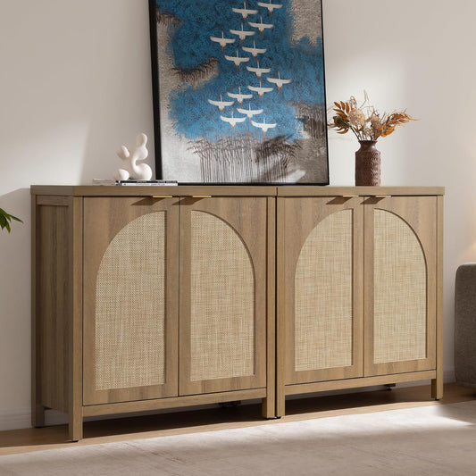 68" W Rattan Sideboard Buffet Cabinet with Storage Set of 2, Mid Century Modern Credenza with Arch Doors & Shelves Farmhouse Coffee Bar Media Console Cabinets for Living Room, Entryway