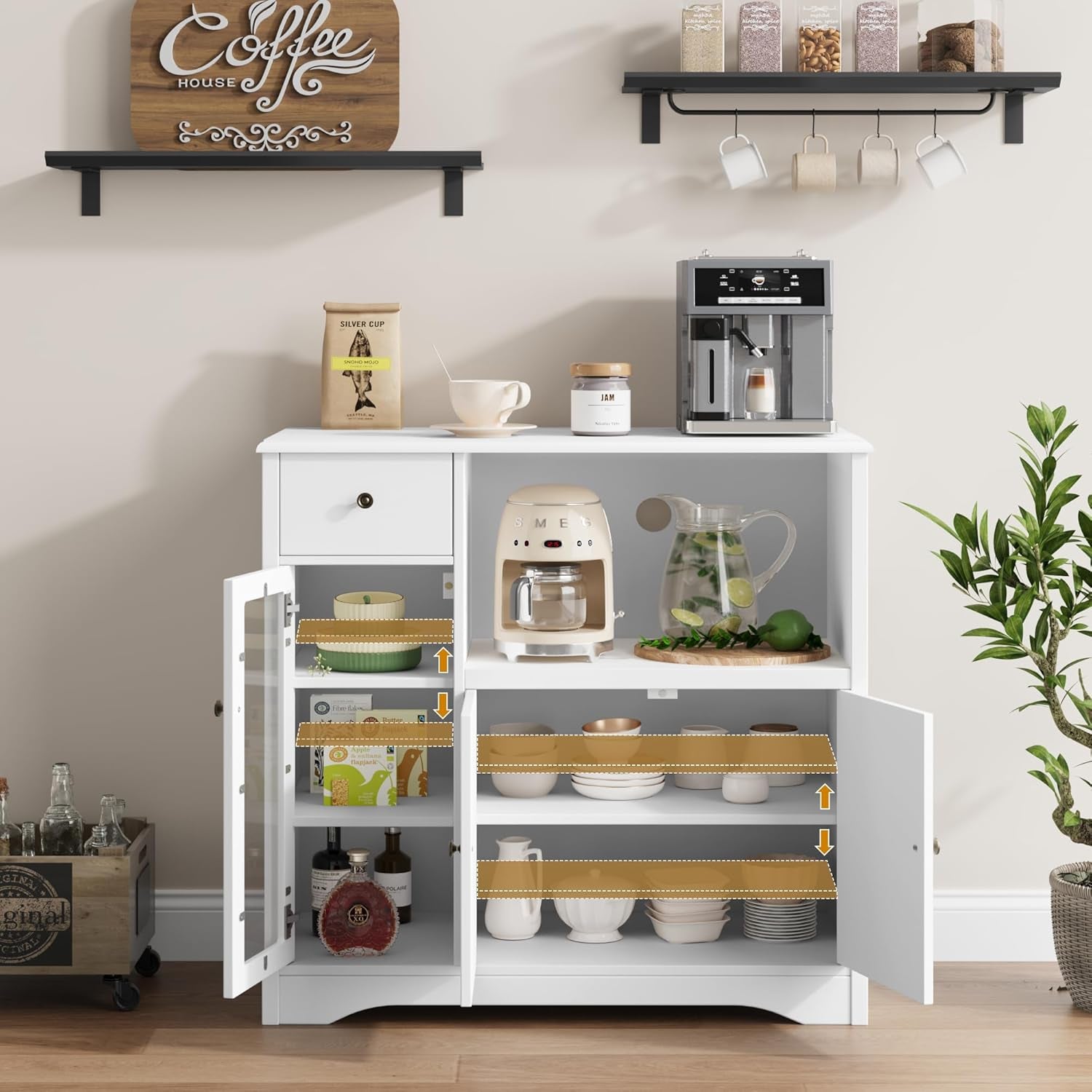 Microwave Cabinet, Kitchen Storage Cabinet with 3 Doors and 1 Drawer, Buffet Sideboard with Adjustable Shelves, Microwave Stand for Kitchen, Dining Room, White