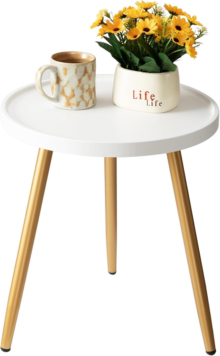 Nursery Side Table, Metal Legged Mini Table with Wooden Tray, Small round End Table for Living Room, Bedroom, Nursery, White & Gold