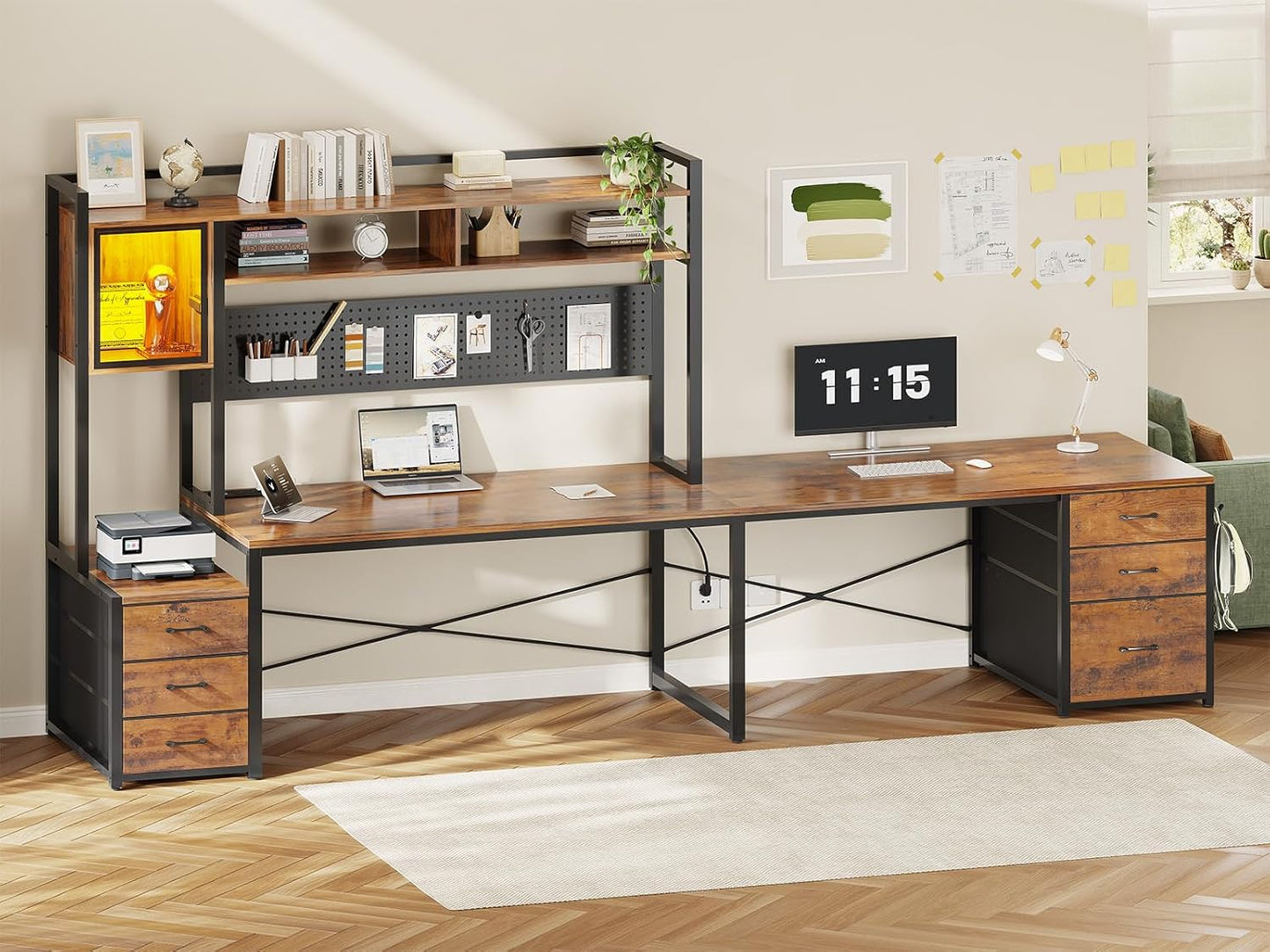 L Shaped Gaming Desk with 6 Drawers, Reversible Computer Office Desk with File Drawer, Hutch, Storage Shelves, Gaming Corner Desk with Led Lights, Power Outlet for Two Person, Rustic Brown