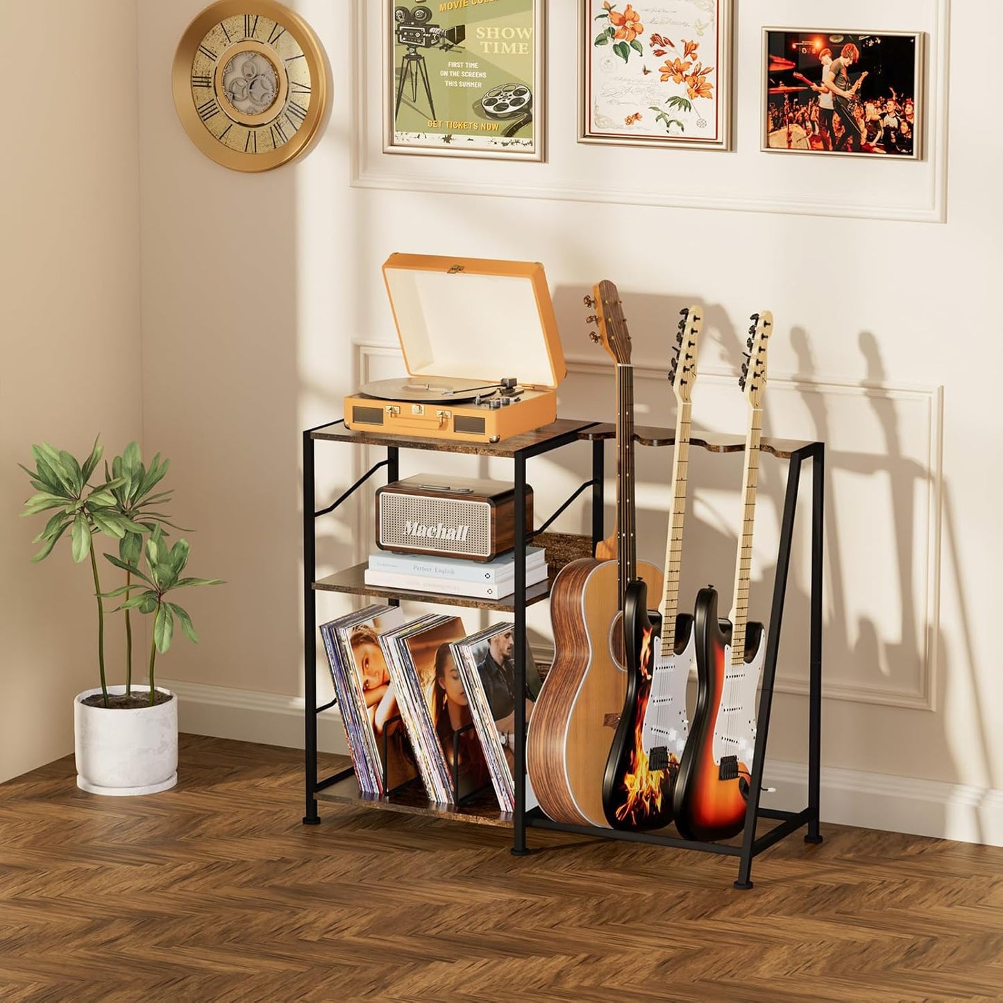Record Player Stand, 3 Tier Guitar Stand for Acoustic, Electric Guitar, Bass Stand, Vinyl Record Storage up to 200 Albums, Brown Records Shelf for Living Room Bedroom (Rustic Brown)