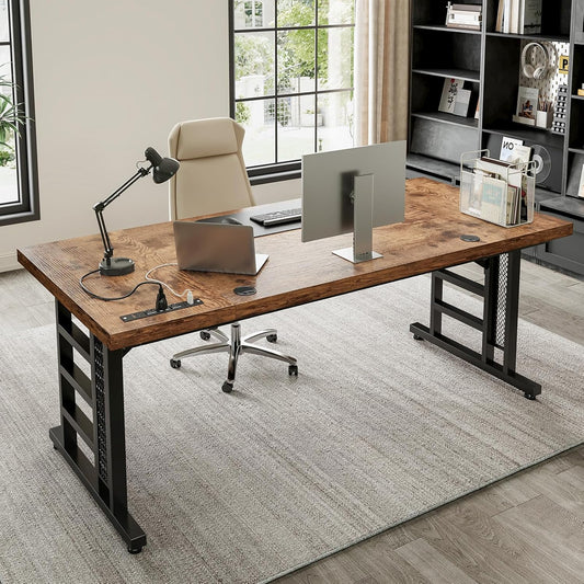 71 Inch Executive Desk with USB Ports, Large Computer Desk with Extra Thick, Long Mordern Office Desk, Workstation Business Furniture for Home Office, Vintage