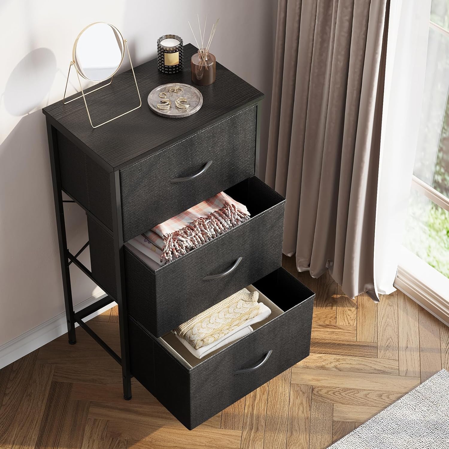 Dresser for Bedroom Nightstand Small Dressers Chest of Drawers End Table for Living Room, Closet Dresser with 3 Storage Drawers Organizer Clothes, Black