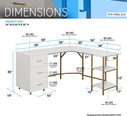 L Shaped Desk - Two-Toned Computer Desk with Drawers & Storage Shelves - Simple Modern Furniture & Home Office Space Corner Table for Work & Writing