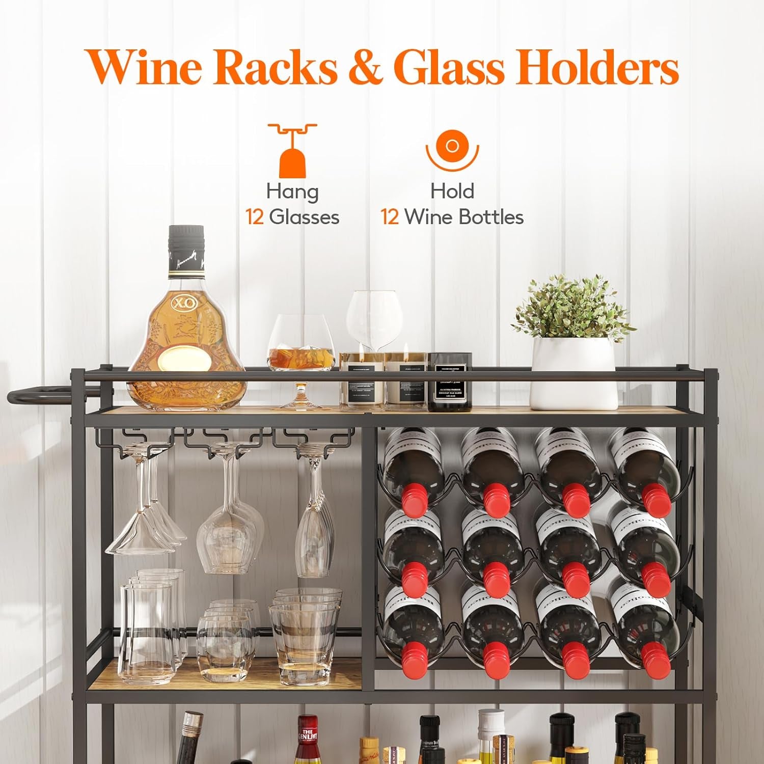 Bar Cart for the Home, 3 Tier Drink Cart with Lockable Wheels, 12 Wine Rack and 3 Rows Glass Holders, Liquor Serving Cart for Kitchen Dining Livingroom, 31.6" X 13.1" X 33.9", Rustic Brown
