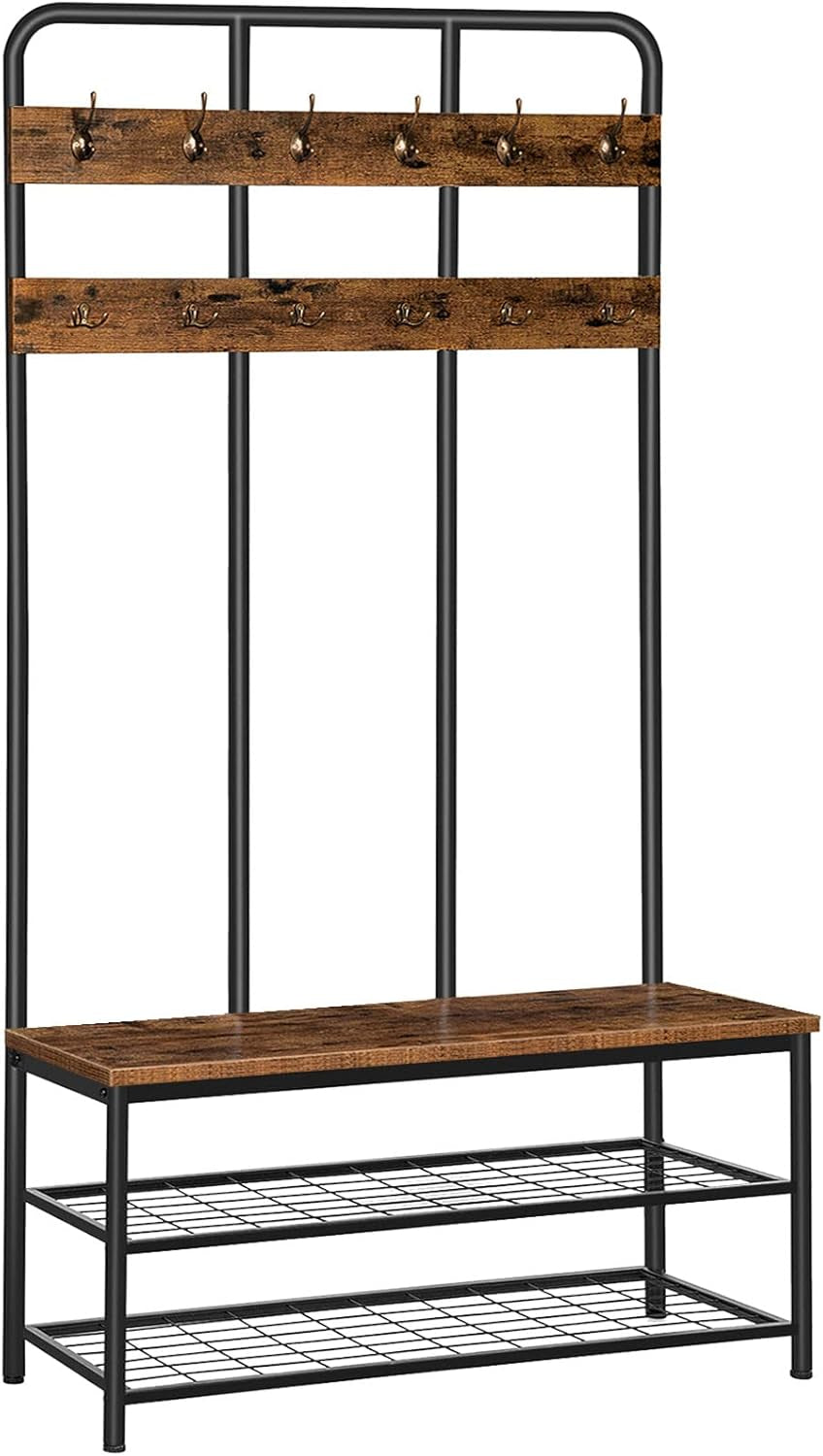 Hall Tree with Bench, Entryway Bench with Coat Rack, Mud Room Rack with 12 Double Hooks and Shoe Storage, Coat Tree, Shoe Rack Organizer, for Foyer, Front Door, Rustic Brown BF05MT01