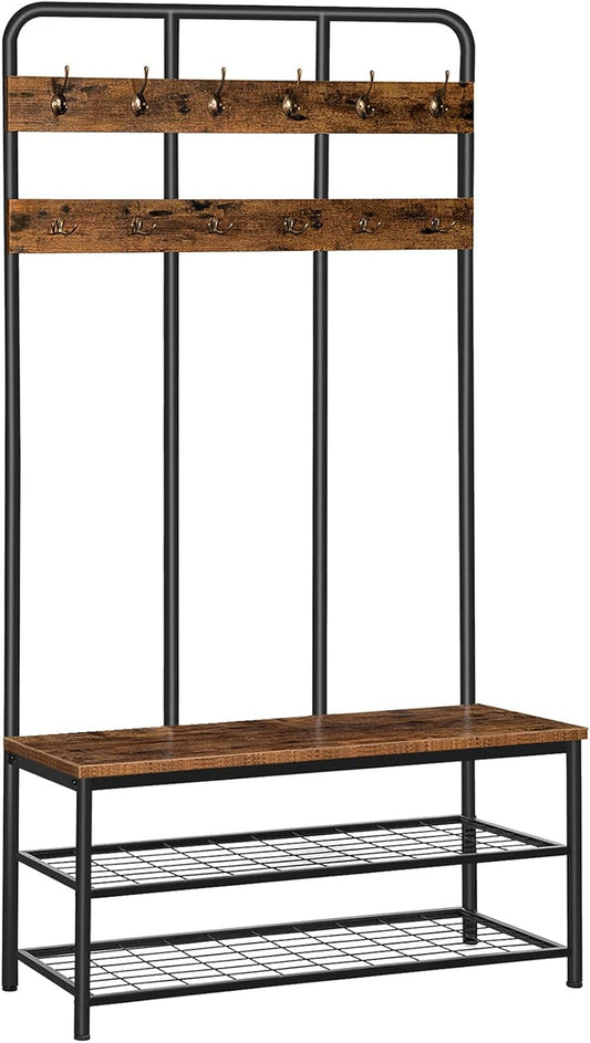 Hall Tree with Bench, Entryway Bench with Coat Rack, Mud Room Rack with 12 Double Hooks and Shoe Storage, Coat Tree, Shoe Rack Organizer, for Foyer, Front Door, Rustic Brown BF05MT01
