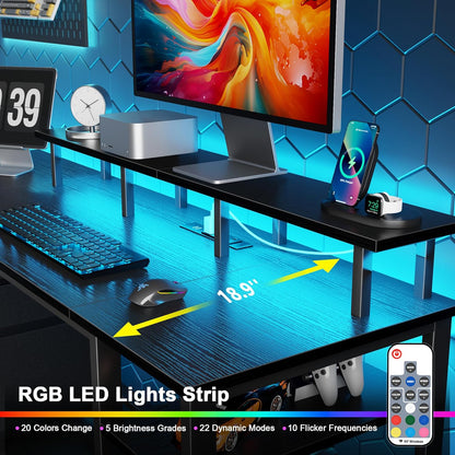 51" Gaming Desk with Power Outlets & LED Lights, Reversible Computer Desk with File Cabinet & Monitor Stand for Home Office, Large Work Table with Storage Shelves & Drawer, Black
