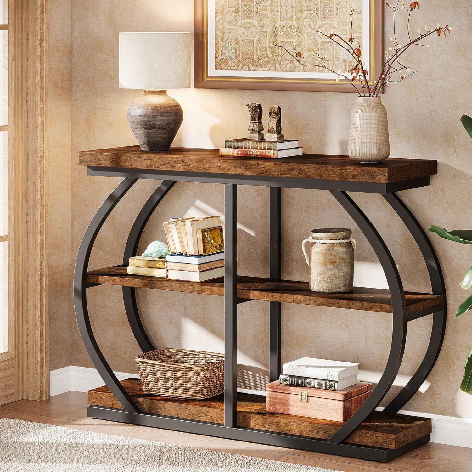 41.3" Console Table, Industrial 3-Tier Entryway Table with Arched Metal Frame and Storage Shelves for Living Room, Hallway, Rustic Brown