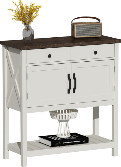 Farmhouse Console Table, Entryway Table with Storage Shelf, Coffee Bar Cabinet, Narrow Buffet Sideboard for Kitchen, Hallway, Living Room, White