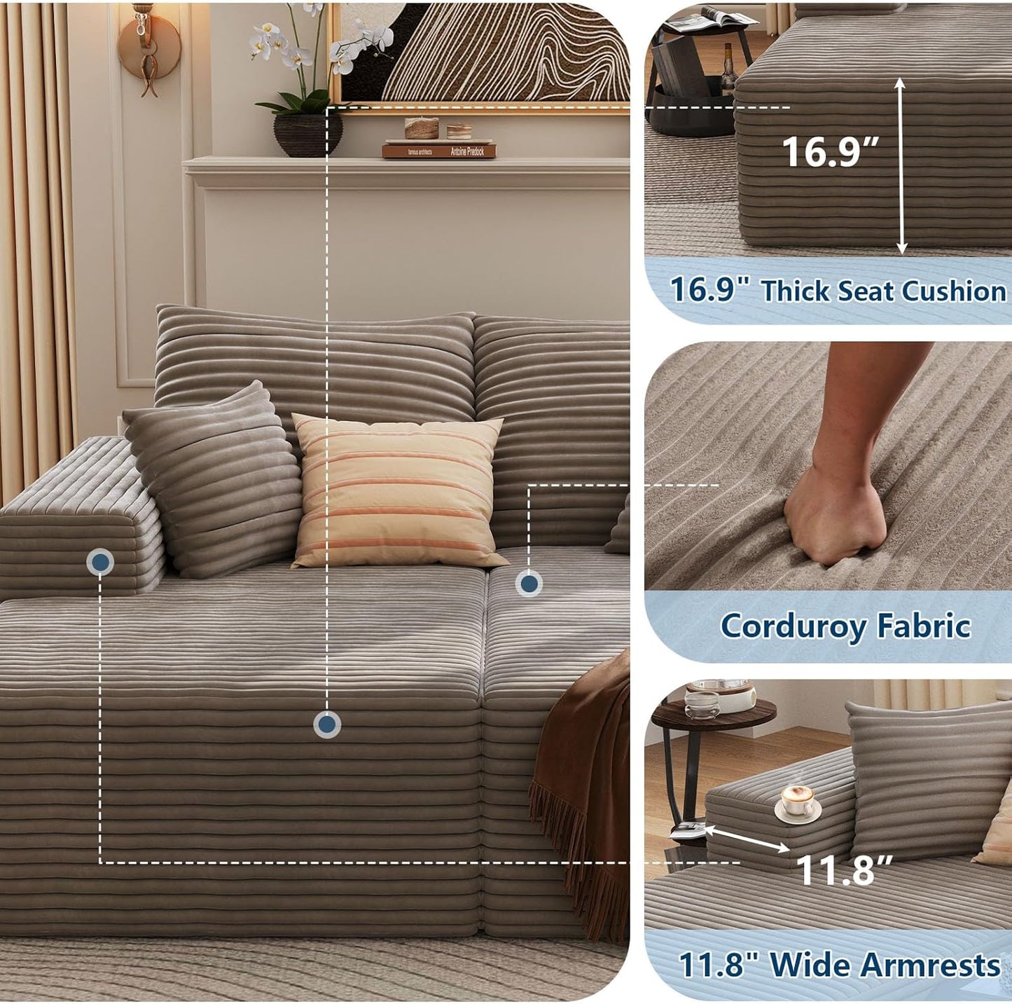 75" Oversized Double Chaise Lounges Indoor, Upholstered Corduroy Oversized Chaise Lounge Chair, Modern Sleeper Loveseat Chair Boneless Cloud Couch for Living Room Bedroom Reading (Camel)