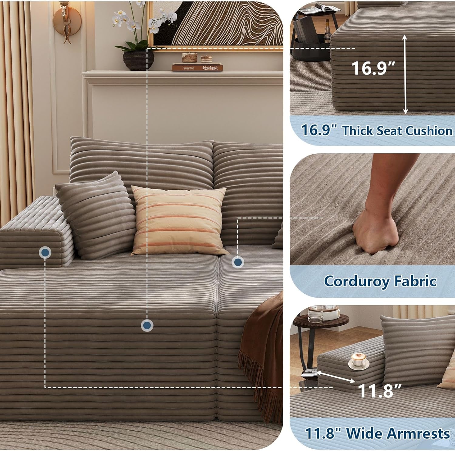 75" Oversized Double Chaise Lounges Indoor, Upholstered Corduroy Oversized Chaise Lounge Chair, Modern Sleeper Loveseat Chair Boneless Cloud Couch for Living Room Bedroom Reading (Camel)