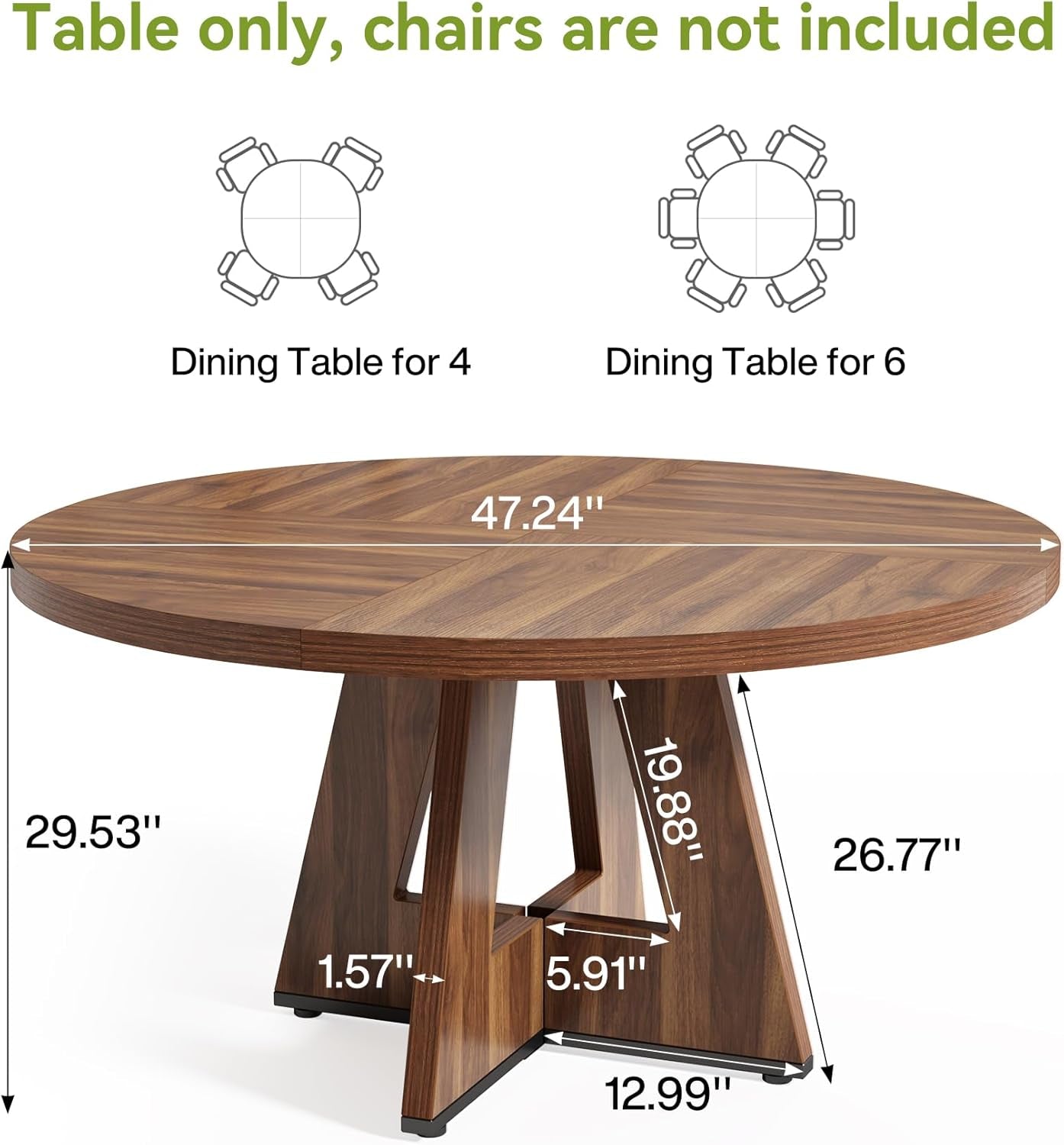 round Dining Table for 4-6 People, 47 Inches Dining Room Table with Wooden Pedestal Base, Brown Dinner Tables, Circle Kitchen Tables for Dining Room, Kitchen, Living Room(Table Only)