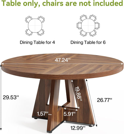 round Dining Table for 4-6 People, 47 Inches Dining Room Table with Wooden Pedestal Base, Brown Dinner Tables, Circle Kitchen Tables for Dining Room, Kitchen, Living Room(Table Only)