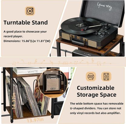 Record Player Stand, Adjustable Guitar Stand for Acoustic Guitar, Electric Guitar, Bass, Turntable Stand with Vinyl Display Shelf Storage up to 150 Albums,Brown End Table for Music Room