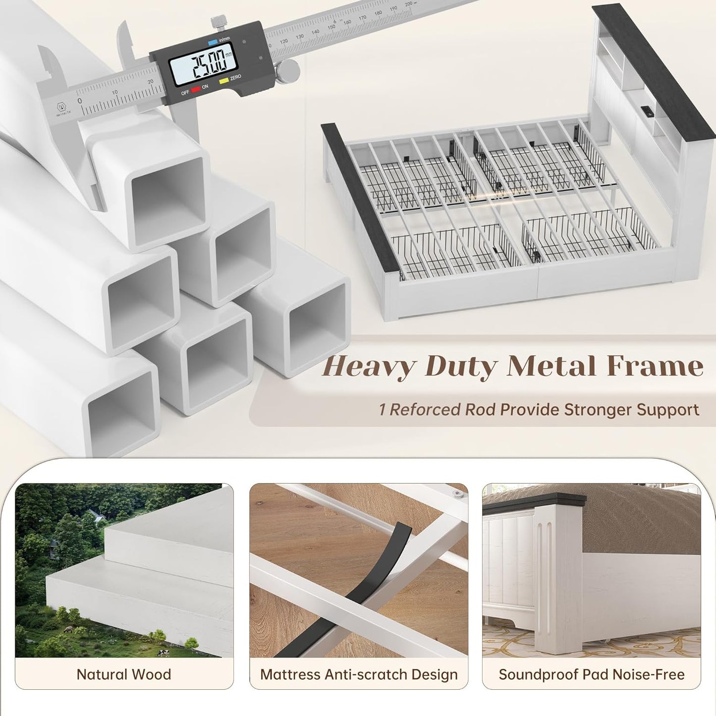 Queen Bed Frame with Headboard and Storage, 4 Drawers and LED Built in Charging Station Bed Frame Queen Size with Storage Farmhouse, NO Noise,No Box Spring Needed, White