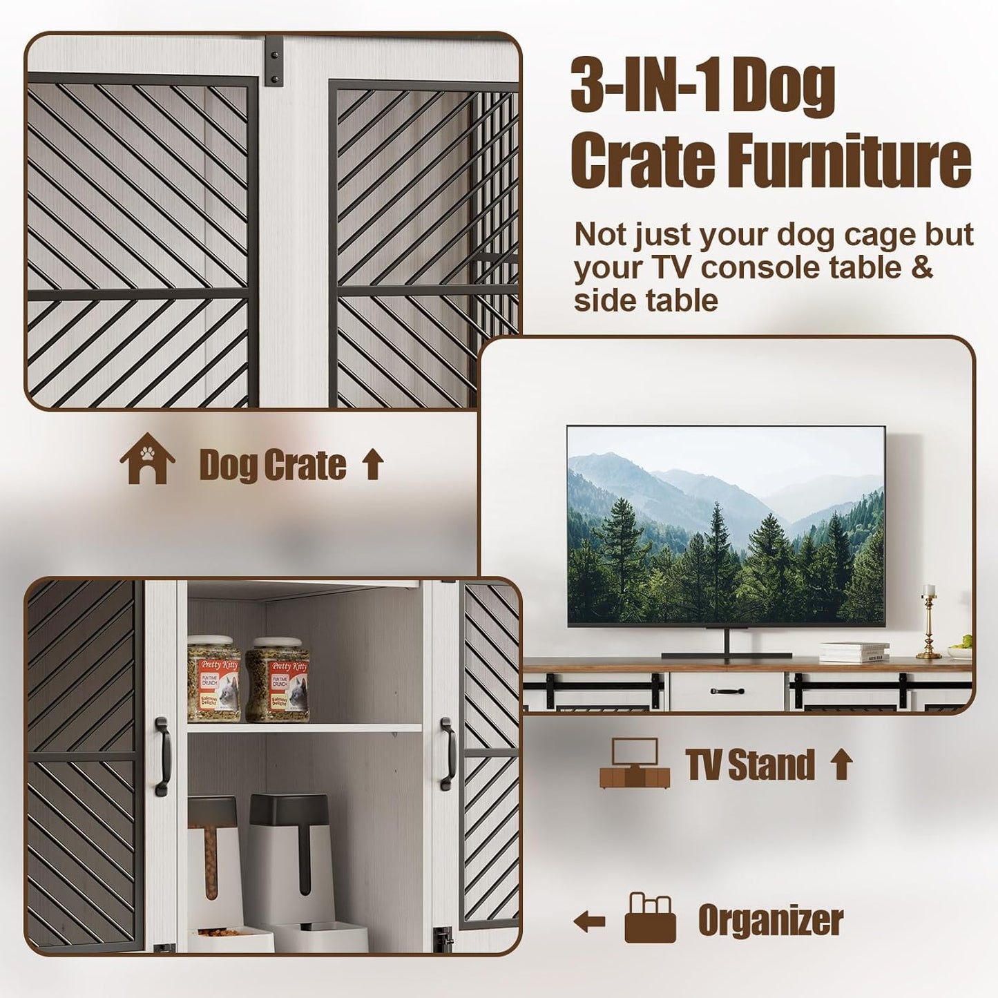 86.6” Large Dog Crate Furniture for 2 Dogs, Decorative Wooden Double Dog Kennel Indoor, Dog Cage TV Stand with Durable Lock & Storage Shelves for Medium Small Pets