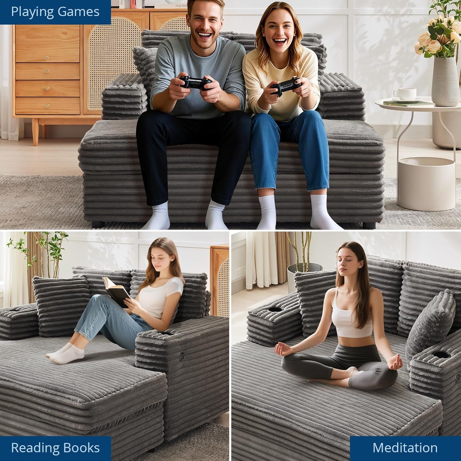 60-Inch Oversized Chaise Lounge Chair Indoor, Comfy Corduroy Lounge Sofa with Charging Station, Cup Holders & Throw Pillows, Cozy Sleeper Couch for Living Room Apartments, Grey