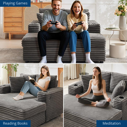 60-Inch Oversized Chaise Lounge Chair Indoor, Comfy Corduroy Lounge Sofa with Charging Station, Cup Holders & Throw Pillows, Cozy Sleeper Couch for Living Room Apartments, Grey